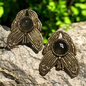 Vintage Signed Artisan Artist IXEL Gold and Smoke Black Clip On Earrings